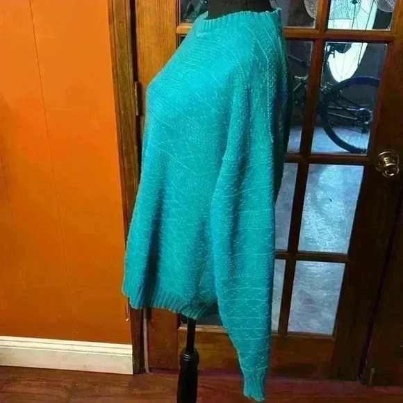 Vintage 80s Sweater Geometric Bright Teal Ramie/Cotton Cable Knit Sweater Large - Picture 4 of 14
